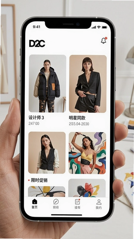 D2C购物APP主界面展示,包含设计师服装、明星同款、限时促销与艺术感设计