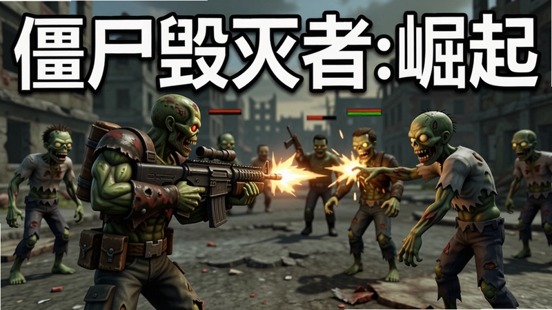 僵尸毁灭者:崛起游戏实机画面展示,包含角色与僵尸对战场景,标注“僵尸毁灭者:崛起”