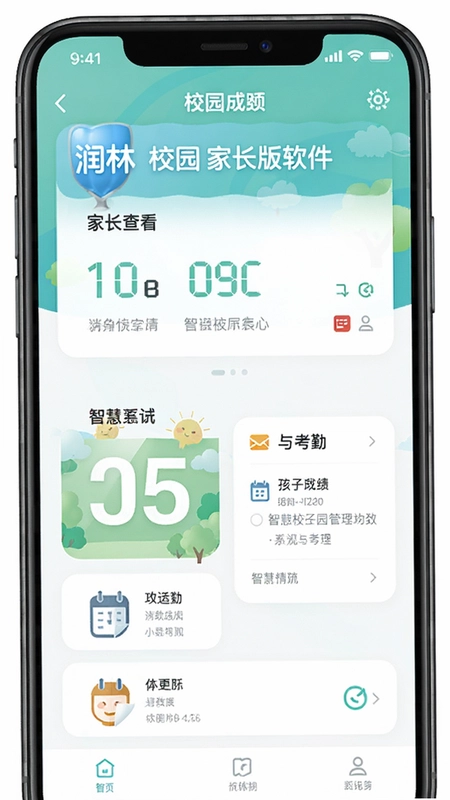 润林校园家长版软件界面,家长查看孩子成绩与考勤,智慧校园管理功能展示