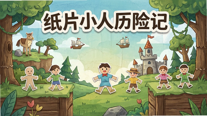 纸片小人历险记游戏主场景,包含纸片角色和精致的手绘背景,文字“纸片小人历险记”