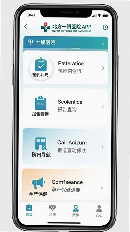 北方一附院APP手机界面,展示预约挂号、报告查询、院内导航、孕产保健等功能模块,整体设计简洁易用,带有医院标志