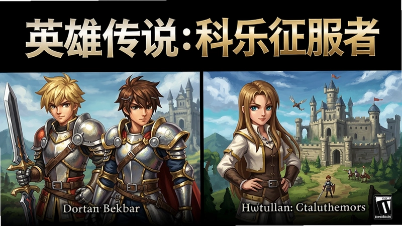 英雄传说:科乐征服者 游戏封面及主要角色与场景概览,文字