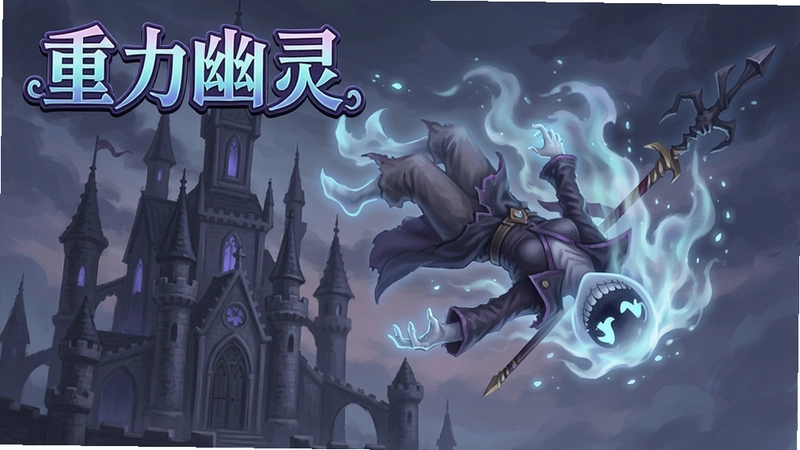 重力幽灵游戏角色使用重力翻转漂浮在半空,身后是哥特式城堡,画面唯美,包含“重力幽灵”艺术字样