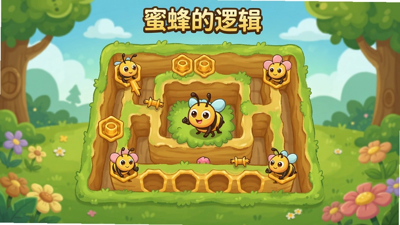 一款名为蜜蜂的逻辑的休闲解谜电脑游戏,画面清新卡通,蜜蜂角色在蜂巢迷宫解谜,关键词包含“蜜蜂的逻辑”