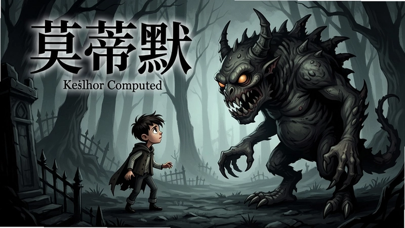 “莫蒂默”游戏主视觉图,暗黑童话风格,主角小男孩与巨大怪异生物对峙,可概括莫蒂默电脑版全部核心内容
