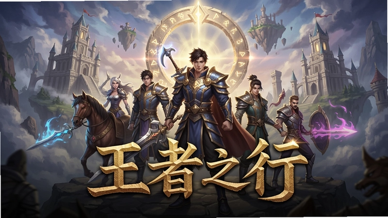 王者之行游戏主视觉海报,展现奇幻世界与主角团,标题为“王者之行”