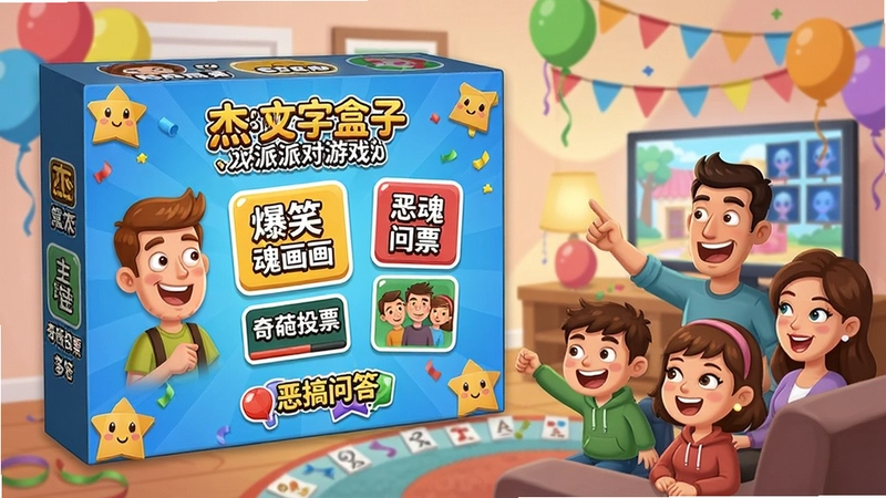 杰克盒子的派对游戏包 卡通风格多人派对场景 多种小游戏主菜单界面 “爆笑文字猜谜 灵魂画画 奇葩投票 恶搞问答” 全家朋友电视投屏欢乐互动