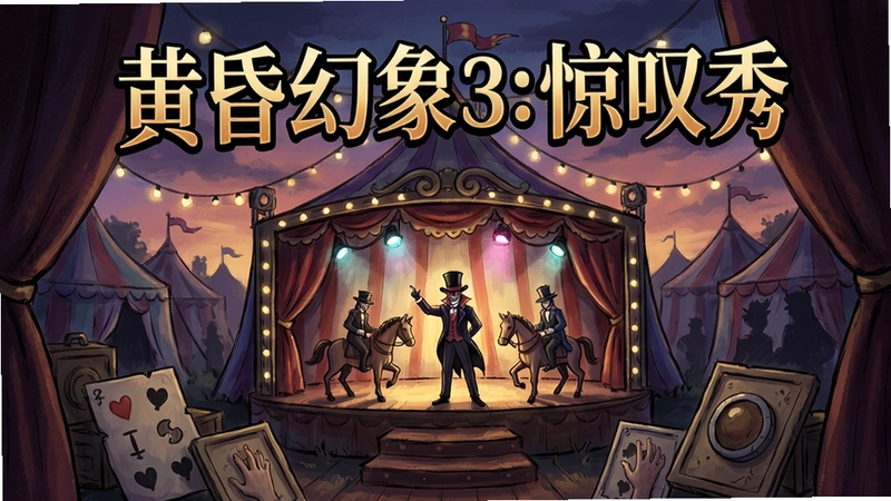 黄昏幻象3:惊叹秀游戏场景封面,神秘马戏团舞台,隐藏物品找茬,华丽手绘风格,标题“黄昏幻象3:惊叹秀”