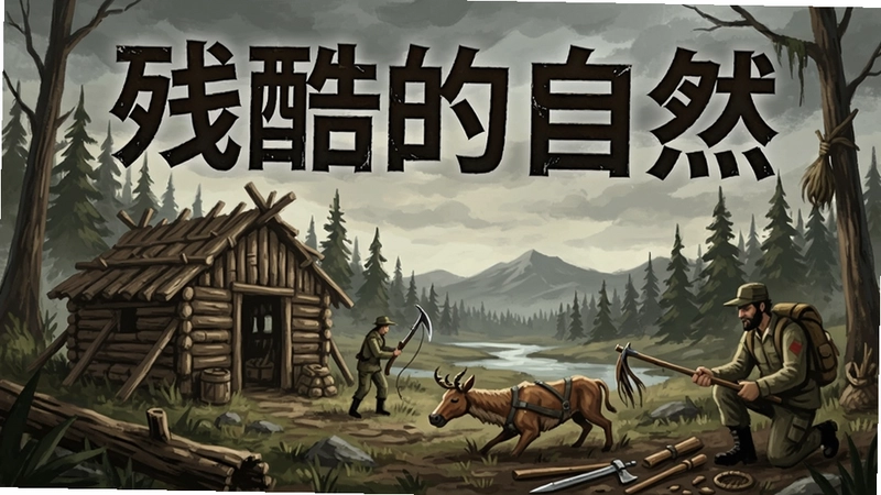 残酷的自然游戏封面,荒野求生场景,包含建造、狩猎、采集元素,标题