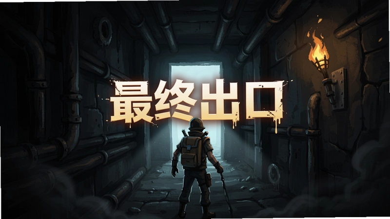 最终出口游戏主视觉图,展示角色在昏暗通道中寻找出口,画面中央标注“最终出口”字样