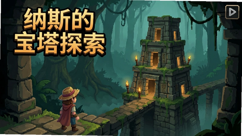 纳斯的宝塔探索游戏画面,包含“纳斯的宝塔探索”标题与探索宝塔场景