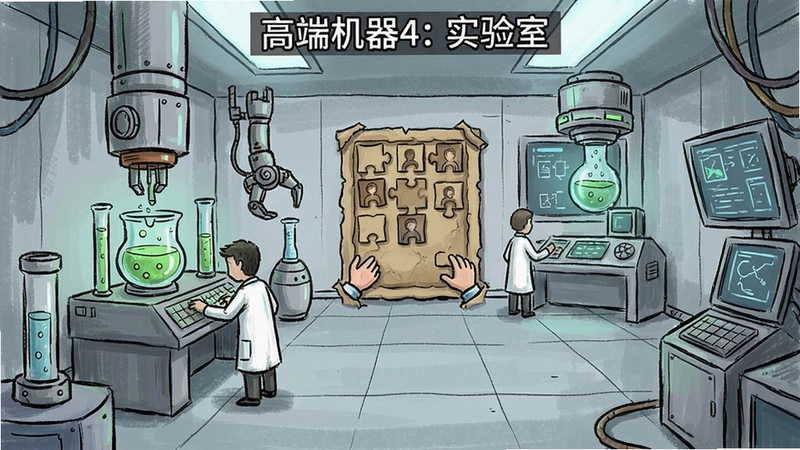 “高端机器4:实验室”游戏场景、解谜冒险、实验室探索、科幻手绘风格