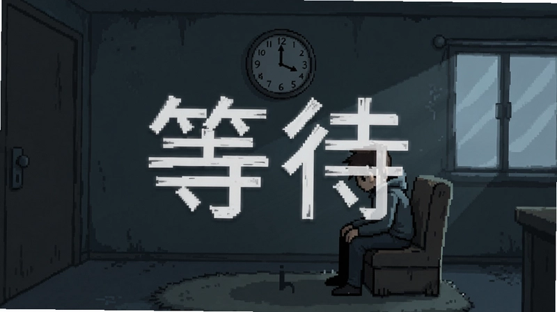 等待电脑版游戏画面,主角独自坐在房间里,墙上时钟走动,营造漫长等待氛围,文字“等待”