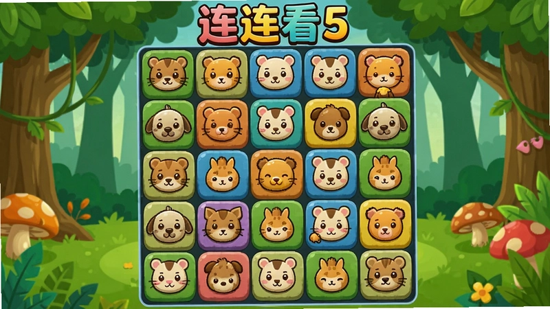 一款色彩鲜艳的连连看5游戏界面截图,画面中有各种卡通动物图案的方块,背景是森林主题,文字标注