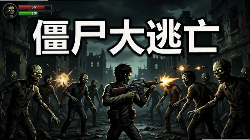 僵尸大逃亡电脑版游戏截图,展示角色持枪与丧尸群战斗的暗黑场景,文字“僵尸大逃亡”醒目居中