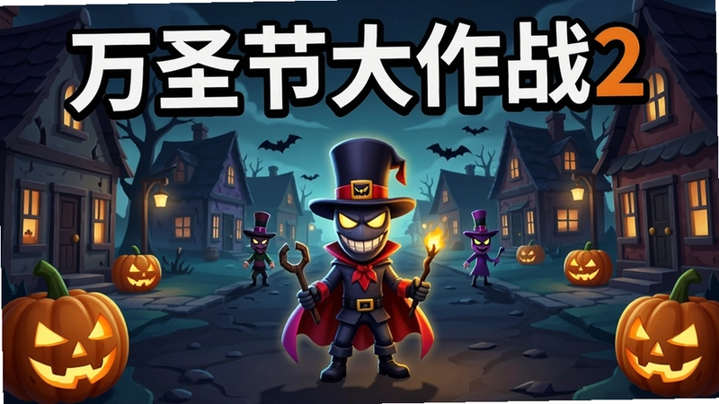 万圣节大作战2游戏截图,展示万圣节小镇场景和主角形象,带有“万圣节大作战2”文字标题
