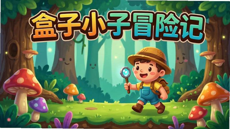 盒子小子冒险记游戏画面展示,主角在奇幻森林中探险,充满童趣风格,游戏标题醒目