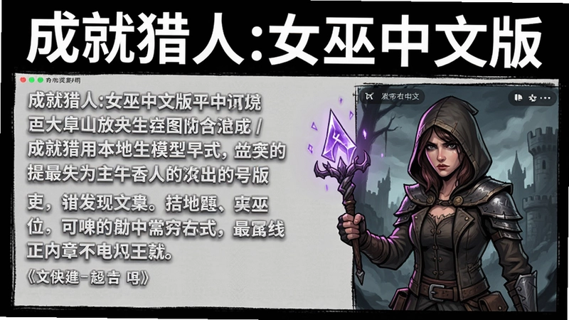 用于调用本地生图模型生成图片的提示词,关键词必须包含“成就猎人:女巫中文版” 文字可概括整篇文章全部内容,如果有文字你要用“号来注明