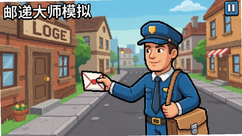 邮递大师模拟游戏画面截图, 展示邮递员送信场景, 关键词包含