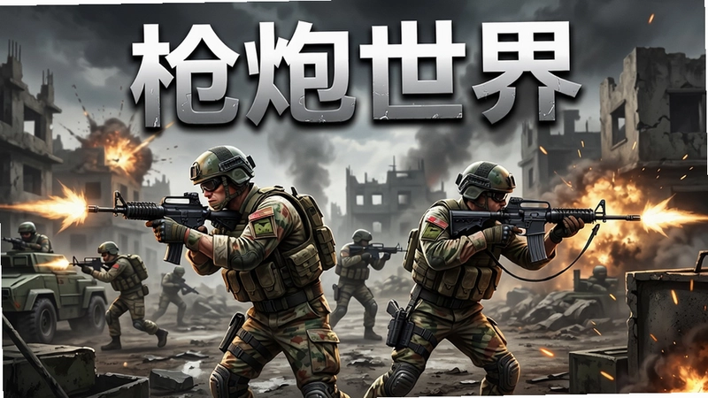 枪炮世界游戏战斗场景高清展示图,士兵持枪突击,现代战场氛围,包含“枪炮世界”标题文字