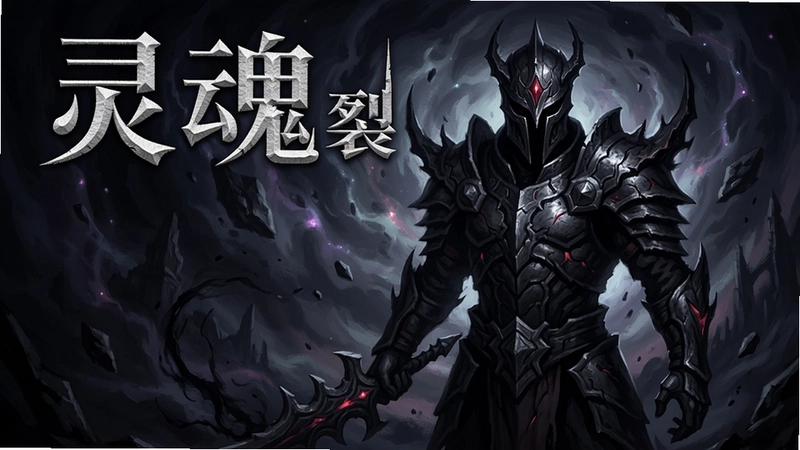 灵魂割裂者主视觉图,暗黑风格战士,虚空背景,标题文字“灵魂割裂者”