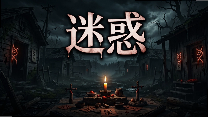 迷惑游戏高清宣传图,阴暗的废弃村庄,诡异的符咒与祭祀场景,突出“迷惑”标题艺术字,恐怖氛围