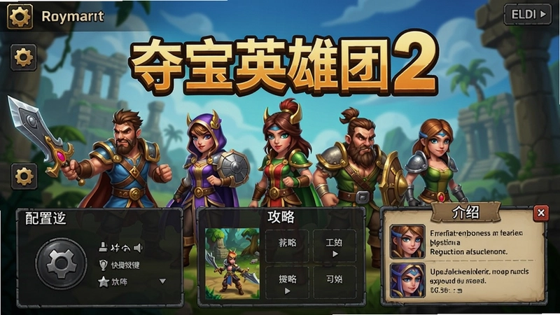 夺宝英雄团2电脑版 游戏主界面与英雄角色,涵盖配置、快捷键、攻略和角色介绍