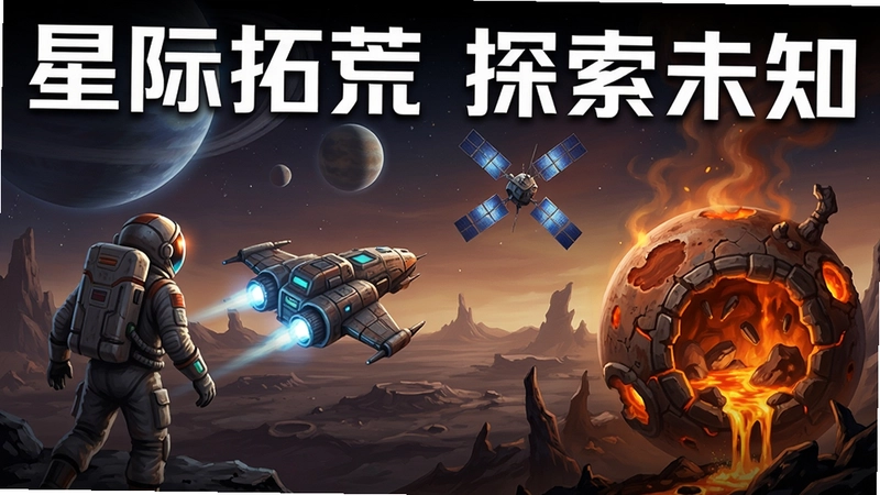 星际拓荒电脑版主题图片,包含宇航员、飞船、量子卫星和熔炉星球,图中文字“星际拓荒 探索未知”