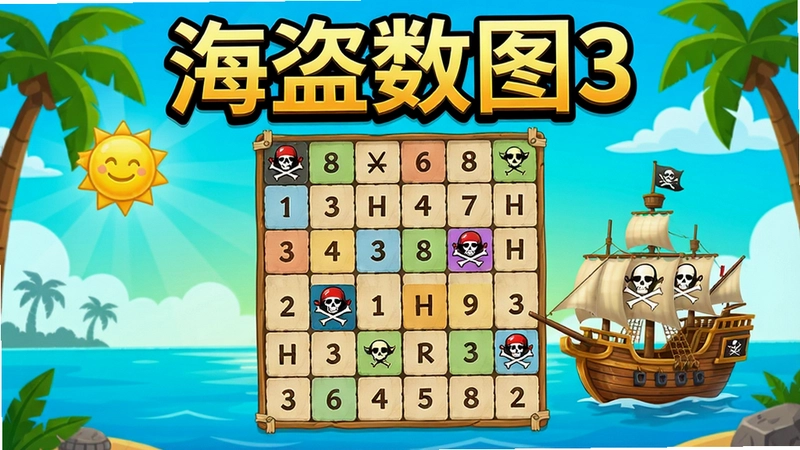 一幅展示海盗数图3游戏主界面的图片,包含海盗主题的数图网格和海盗船,色彩鲜艳,高清晰度,上方有“海盗数图3”标题文字