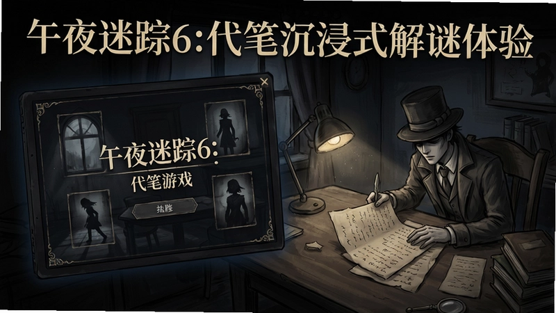 午夜迷踪6:代笔游戏主界面与手稿修复场景,展现精美手绘画风和悬疑氛围,文字标注“午夜迷踪6:代笔沉浸式解谜体验”