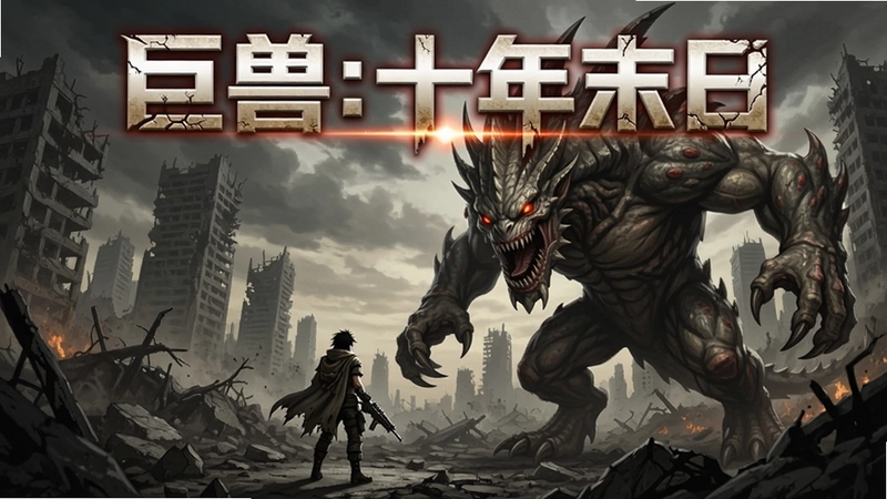 游戏《巨兽:十年末日》主视觉图,末日废墟中巨兽与主角对峙,标题“巨兽:十年末日”高亮显示