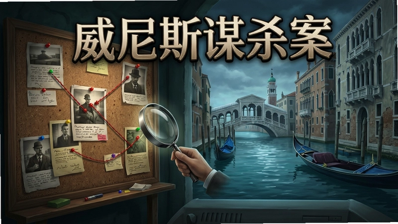 威尼斯谋杀案电脑版游戏内侦探调查场景、线索板与威尼斯运河宫殿背景,“威尼斯谋杀案”艺术字标题