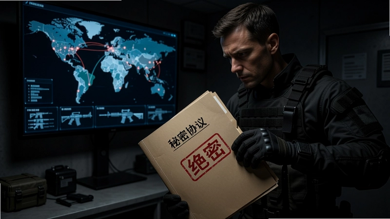 一名身着战术套装的特工在阴暗安全屋内打开标有“秘密协议”的绝密档案,档案上赫然印着红色绝密章,背景屏幕显示全球行动地图与武器库。