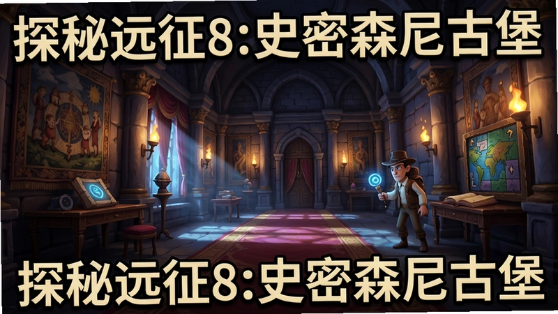 一幅展现“探秘远征8:史密森尼古堡”游戏场景的高清图片,包含古堡内部华丽的装饰、神秘的光影以及解谜元素,文字标注“探秘远征8:史密森尼古堡”。