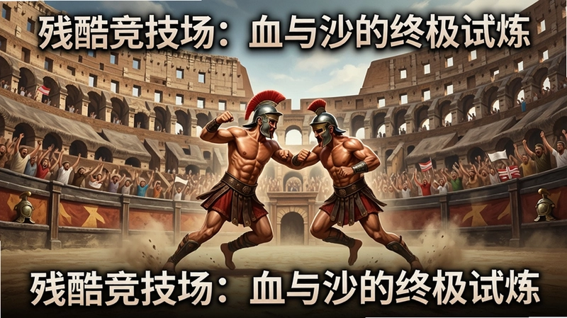 残酷竞技场角斗士激烈对决,古罗马斗兽场全景,标题“残酷竞技场:血与沙的终极试炼”