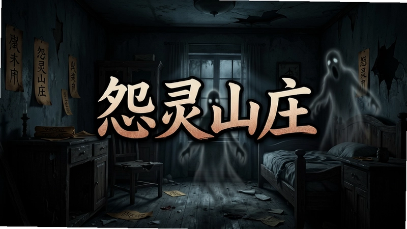 怨灵山庄电脑版恐怖古宅解谜场景,昏暗房间内有符咒、破损家具和若隐若现的鬼影,中心是怨灵山庄标题艺术字