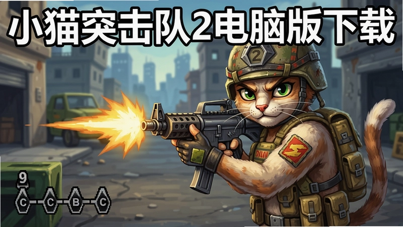 小猫突击队2 游戏截图 主角突击队员 枪战 任务攻略 配置要求 快捷键操作, 画面上的文字“小猫突击队2电脑版下载”