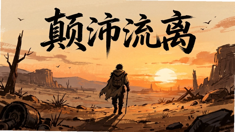 颠沛流离游戏主视觉图,流浪者独行荒野,夕阳西下,手绘风格,“颠沛流离”标题文字