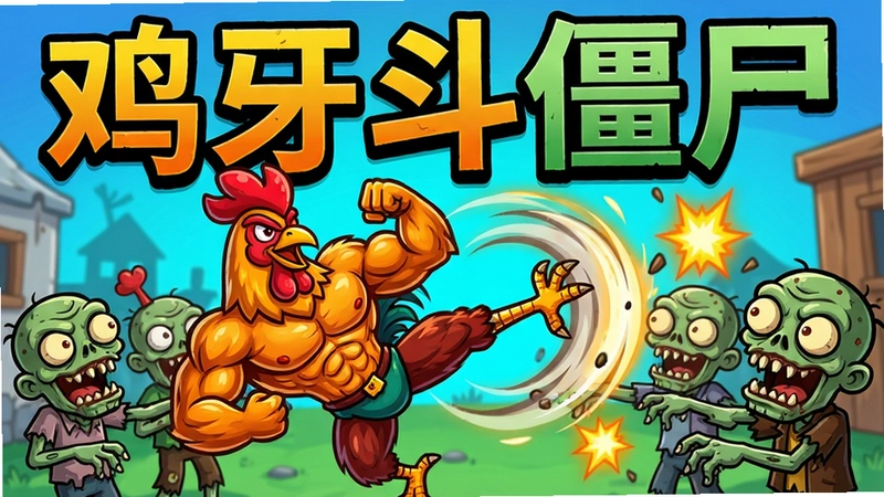 鸡牙斗僵尸游戏战斗截图,一只肌肉公鸡正在用旋风腿攻击一群搞笑僵尸,画面充满卡通特效,上方标注“鸡牙斗僵尸”大字,色彩鲜艳