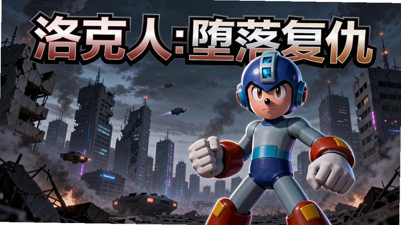 “洛克人:堕落复仇”游戏主视觉图,洛克人站在废墟城市前,充满科技感与复仇氛围