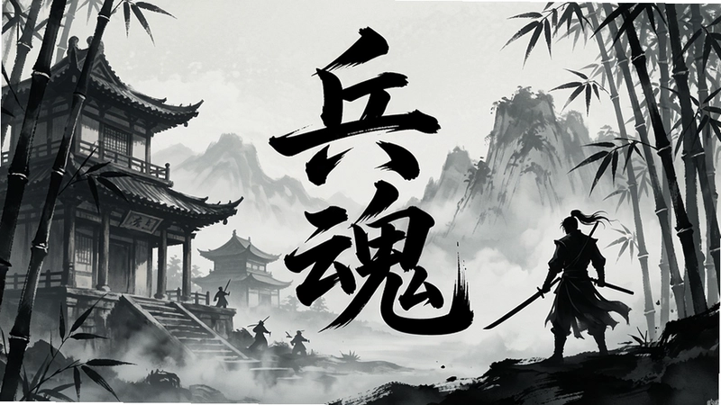 兵魂游戏场景概念图,充满东方武侠建筑与竹林剑客剪影,意境苍茫,突出“兵魂”二字