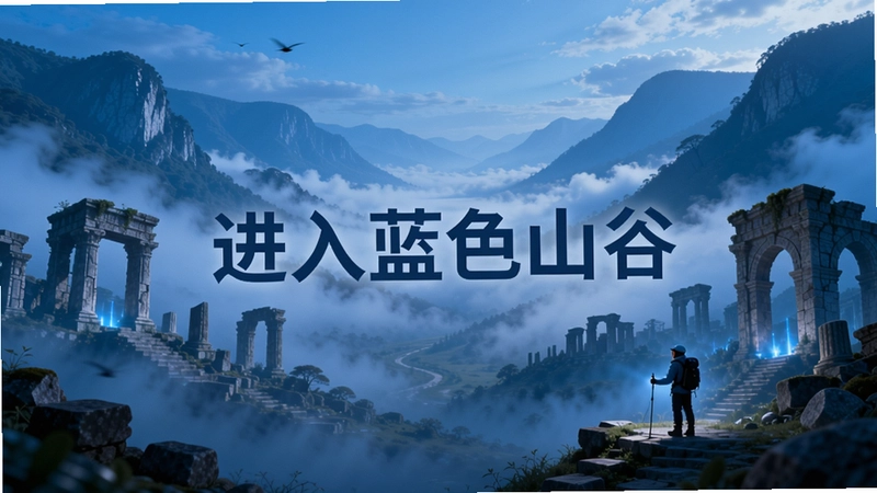 进入蓝色山谷全景概念图,云雾缭绕的蓝色山谷,古老遗迹,探秘氛围,画面中央标注“进入蓝色山谷”