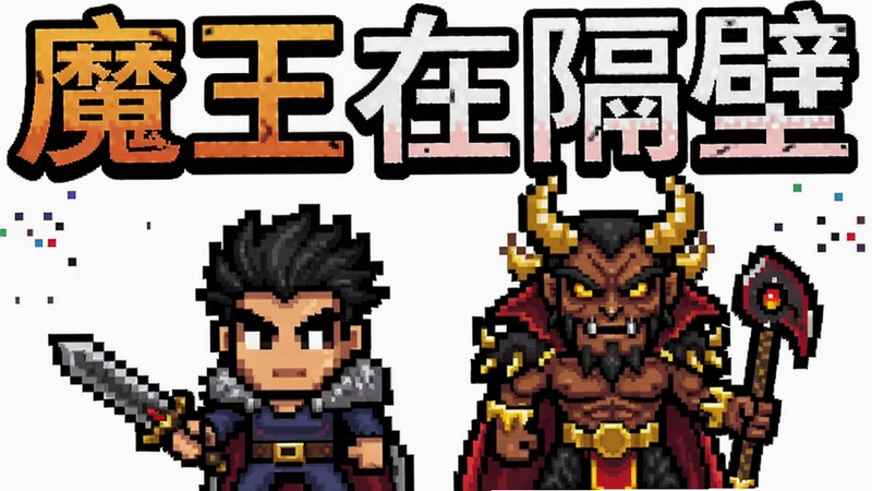 魔王在隔壁电脑版像素风海报,主角与魔王并肩站立,上方标注大字“魔王在隔壁”