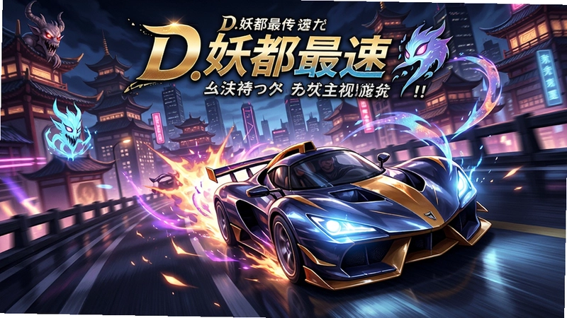 字祷子D.妖都最速传说游戏主视觉海报,日式动漫风格赛车疾驰在妖都城市夜景中,绚丽光效与妖力技能特效交织,突出高速竞速与幻想世界观