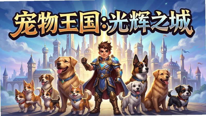 宠物王国:光辉之城电脑版游戏宣传图, 主视觉展现主角与各种宠物伙伴在光辉之城前集结,“宠物王国:光辉之城”艺术标题