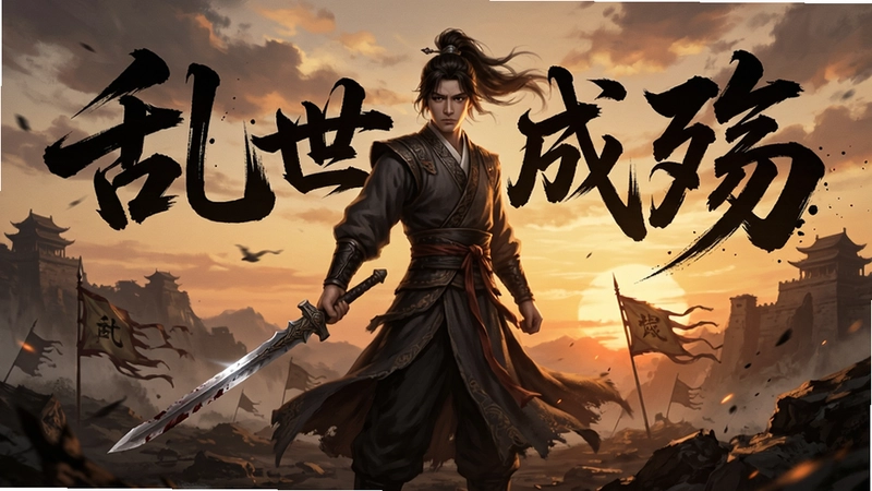 乱世成殇游戏主视觉海报,古风人物持剑立于残阳下,文字“乱世成殇”醒目