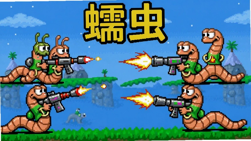 百战天虫蠕虫电脑版经典游戏画面,多只卡通蠕虫持武器对战,包含“蠕虫”文字