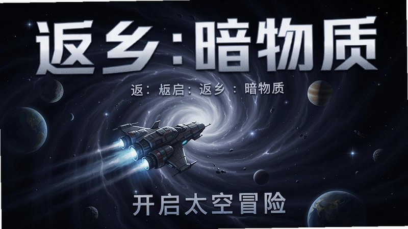 一幅展现“返乡:暗物质”浩瀚宇宙场景的游戏海报,暗物质能量漩涡笼罩飞船,文字标明“返乡:暗物质”开启太空冒险