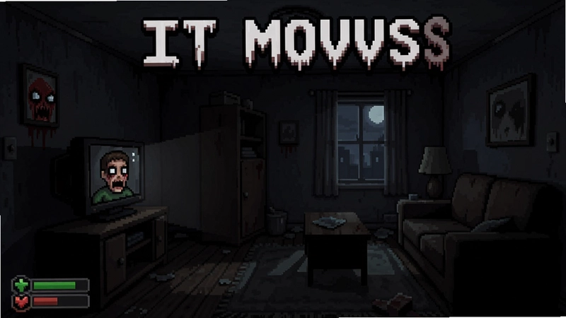 恐怖解谜游戏It moves场景展示,幽暗公寓,像素风格,标注游戏名称“It moves”