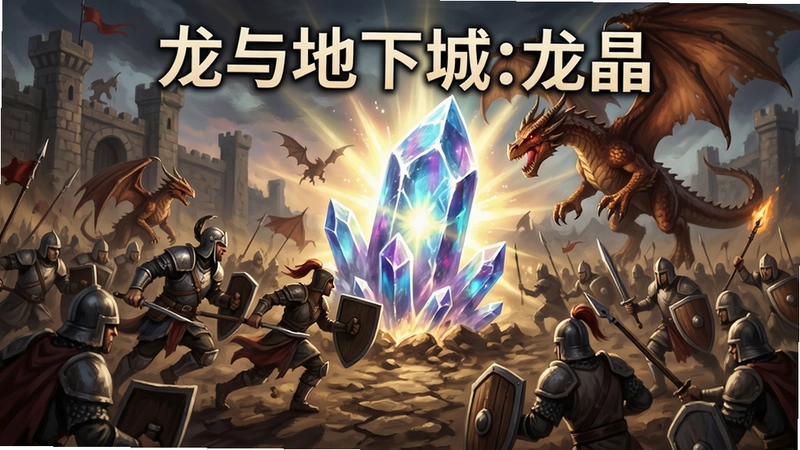 龙与地下城:龙晶游戏激战场景,展现英雄带领军队冲锋,龙晶发出耀眼光芒,“龙与地下城:龙晶”